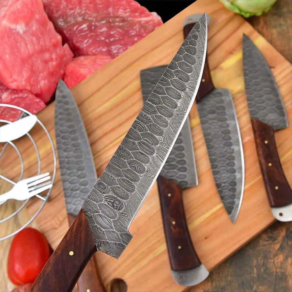 Damascus Steel Kitchen Knives Set Handmade knife with Rose Wood Handle NEW